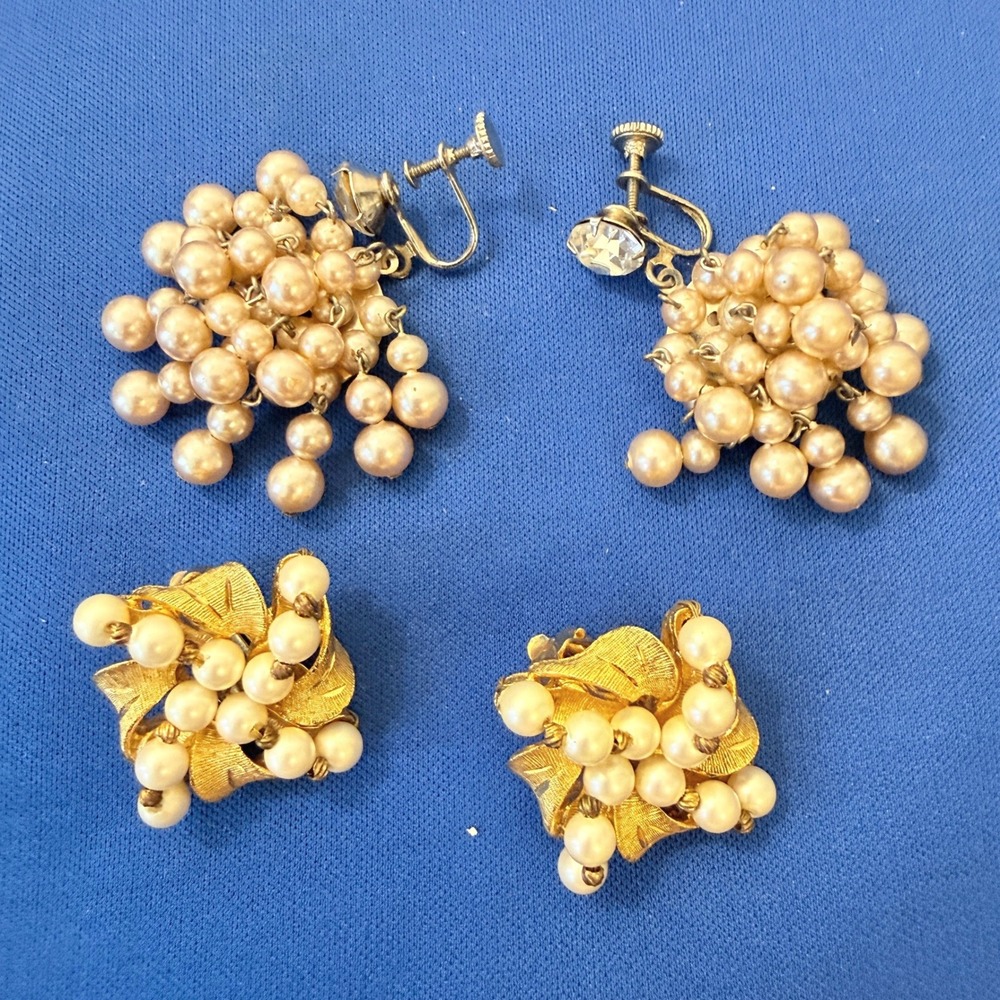 Vintage Faux Pearl Earring Lot Screw Back Cluster & Gold Tone Floral Clip On